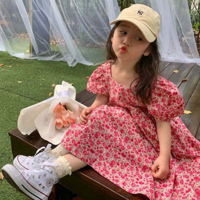 Summer Baby Girls Cotton All-Over Printed Puff Sleeves Button Back Long Dresses Kids Outfit Children Sweet Vacation Skirt 2-8 Yr