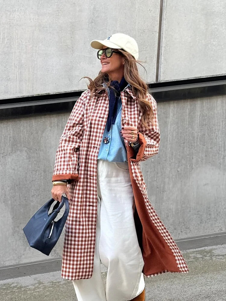 Women Red Plaid Long Trench Coat Casual Lapel Single Breasted Full Sleeve Windbreaker Jacket 2025 Autumn New Lady Streetwear