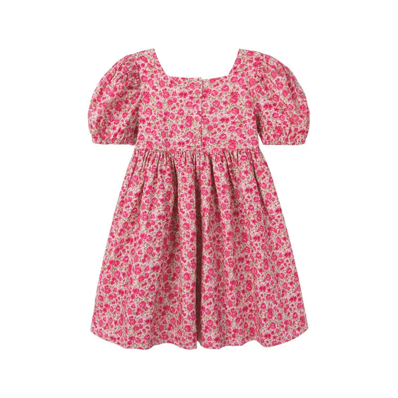 Summer Baby Girls Cotton All-Over Printed Puff Sleeves Button Back Long Dresses Kids Outfit Children Sweet Vacation Skirt 2-8 Yr