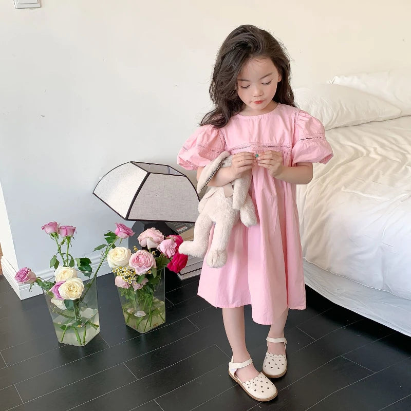 Girls Dress Holiday Style Sweet Bubble Sleeve 2-8Years Old Yellow Pink Knee-length Children's Clothing Princess Dresses