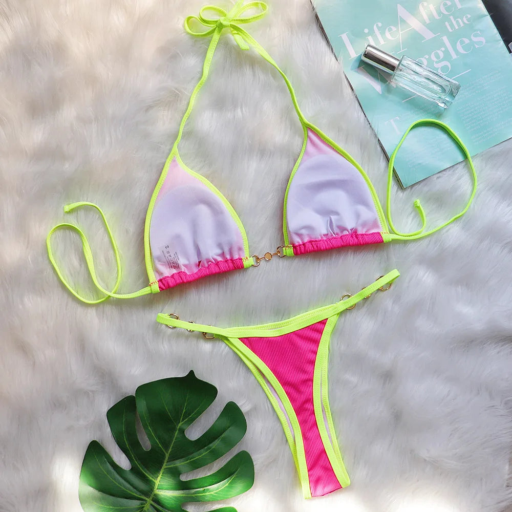 Push Up Micro Bikini Luxury Ribbed Orange Patchwork Ring Pearl Designer Swimsuit Bathing Suit Triangle Swimwear Traje De Baño