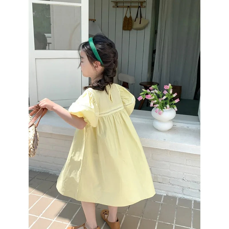 Kids Babys Girls Dress Summer New Vacation Bubble Short Sleeve Little Girls Dress French Solid Thin Belle Girls Princess Dresses