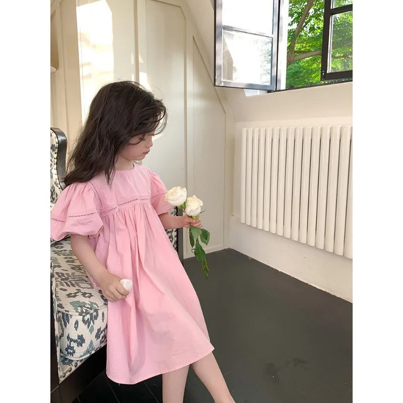 Kids Babys Girls Dress Summer New Vacation Bubble Short Sleeve Little Girls Dress French Solid Thin Belle Girls Princess Dresses