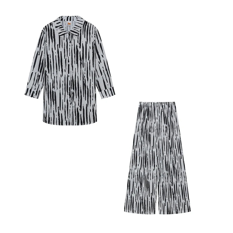 Women's Fashion Printed Long Sleeve Shirt And Straight Leg Pants Set European American Style Loose Fit Clothing Outfit
