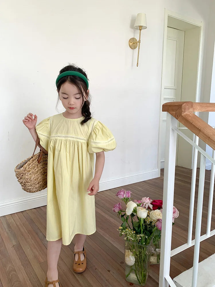 Girls Dress Holiday Style Sweet Bubble Sleeve 2-8Years Old Yellow Pink Knee-length Children's Clothing Princess Dresses