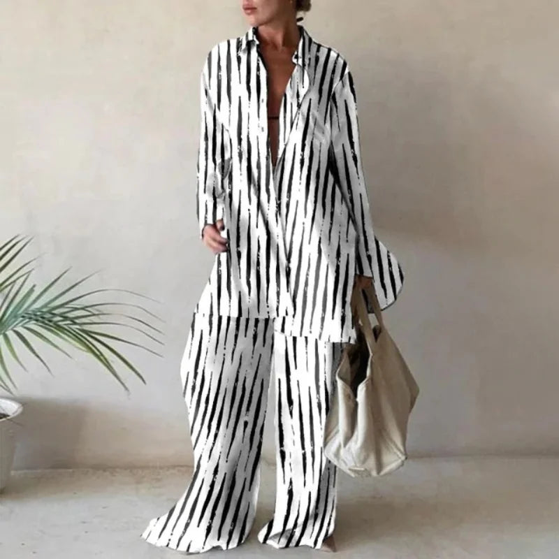 Women's Fashion Printed Long Sleeve Shirt And Straight Leg Pants Set European American Style Loose Fit Clothing Outfit