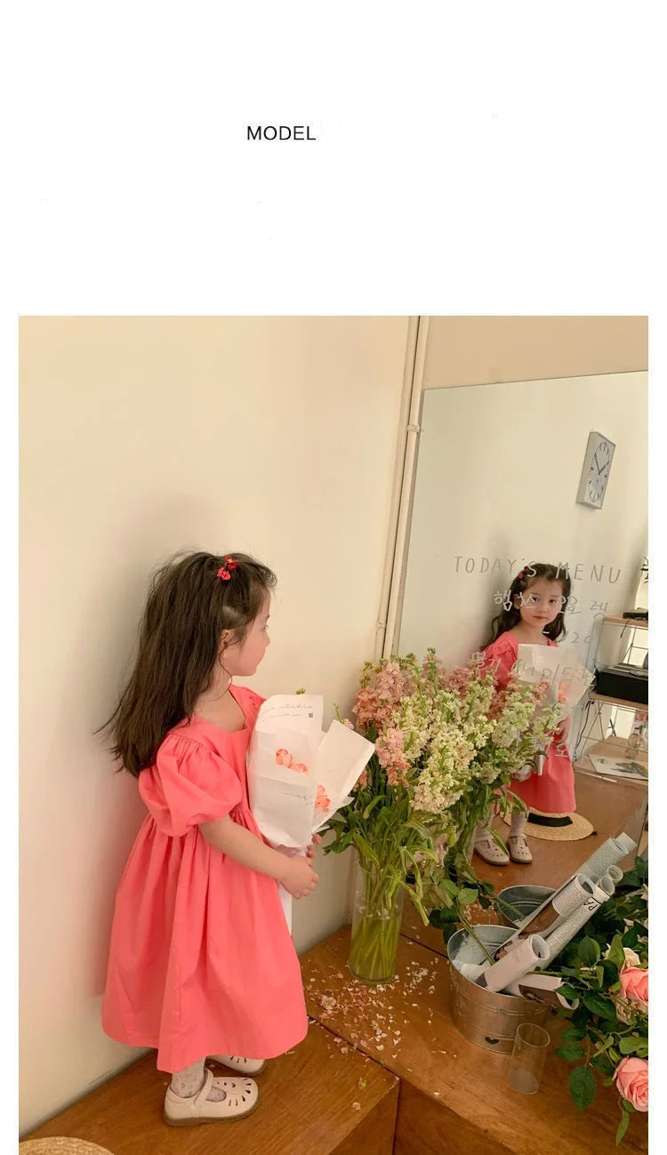 Summer Baby Girls Cotton All-Over Printed Puff Sleeves Button Back Long Dresses Kids Outfit Children Sweet Vacation Skirt 2-8 Yr