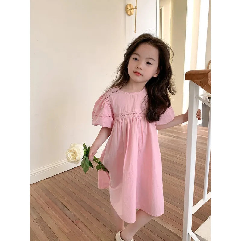 Kids Babys Girls Dress Summer New Vacation Bubble Short Sleeve Little Girls Dress French Solid Thin Belle Girls Princess Dresses
