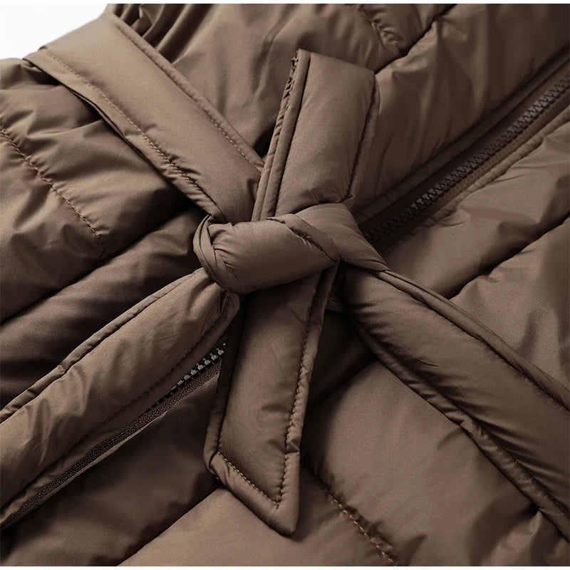 Elegant Fur Collar Hood Belt Long Cotton Jacket Women Zipper Drawstring Waist Parka Down Coat 2025 Winter Lady Warm Chic Outwear