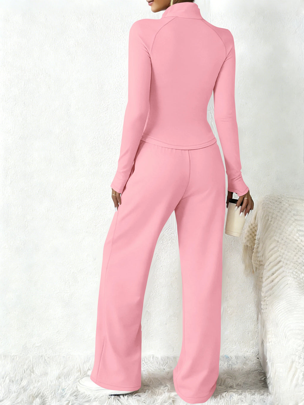 Women's Casual Sportswear Tracksuit Spring Autumn Zip-Up Stand Collar Slim Top High Waist Wide Leg Pants 2-Piece Set