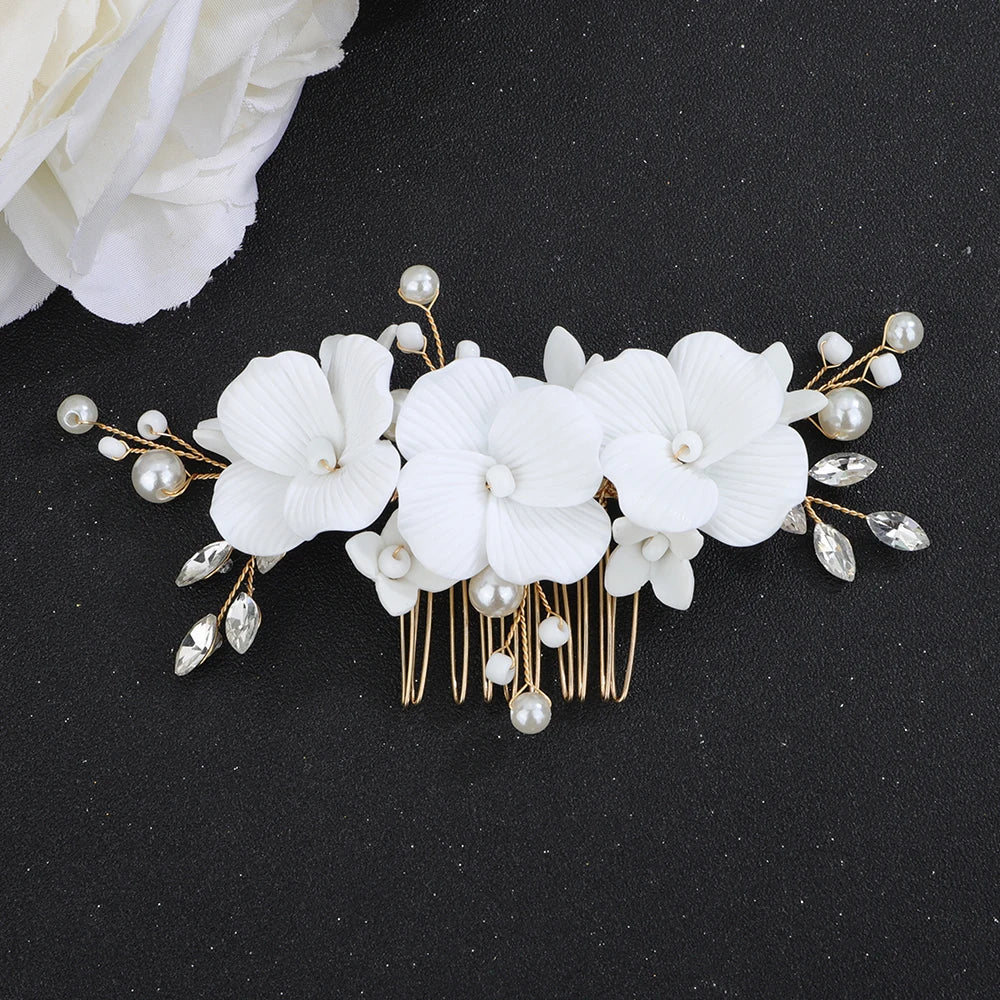 Silver Flower Bridal Headpiece Suit Pearl Hair Comb for Women Rhinestone Wedding Hairpins Party  Earring Hair Accessories Tiara