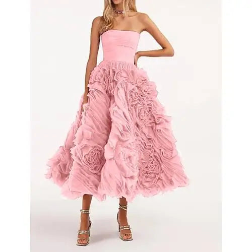 Customized Prom Dress Strapless 3D Flower Lace Up Formal Occasion Evening Gowns Ball فساتين حفلات التخرج 행사드레스 Vestido Robe De S