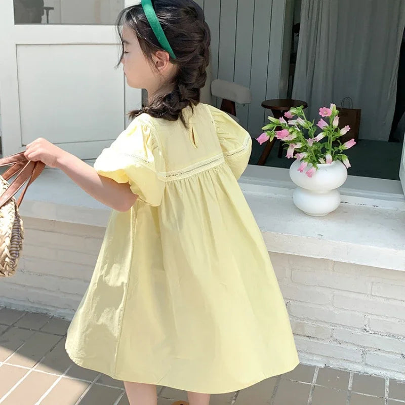 Girls Dress Holiday Style Sweet Bubble Sleeve 2-8Years Old Yellow Pink Knee-length Children's Clothing Princess Dresses