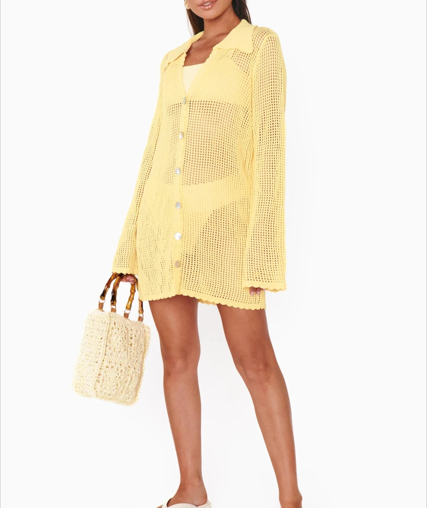 2026 Summer Women's Loose V Neck Button Cardigan Women's Sexy Knit Beach Mini Dress Swimsuit Cover Up Casual Vacation Wear K187