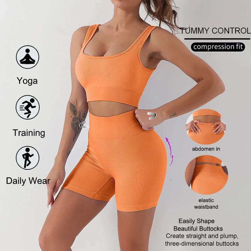 WAREBALL Fashion Sport Wear Gameset Yoga Seamless High Stretch Sports Bra With Biker Shorts Set Casual Workout Women Set