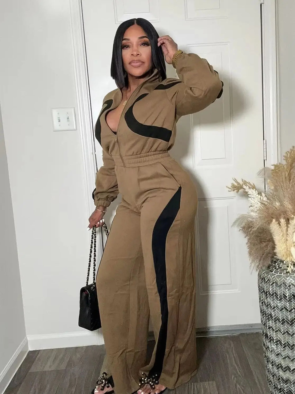 Weird Puss Sporty Patchwork Jumpsuit Women Casual Lapel Spring Ternd Full Sleeve Zip Stretch Hipster Streetwear Straight Overall