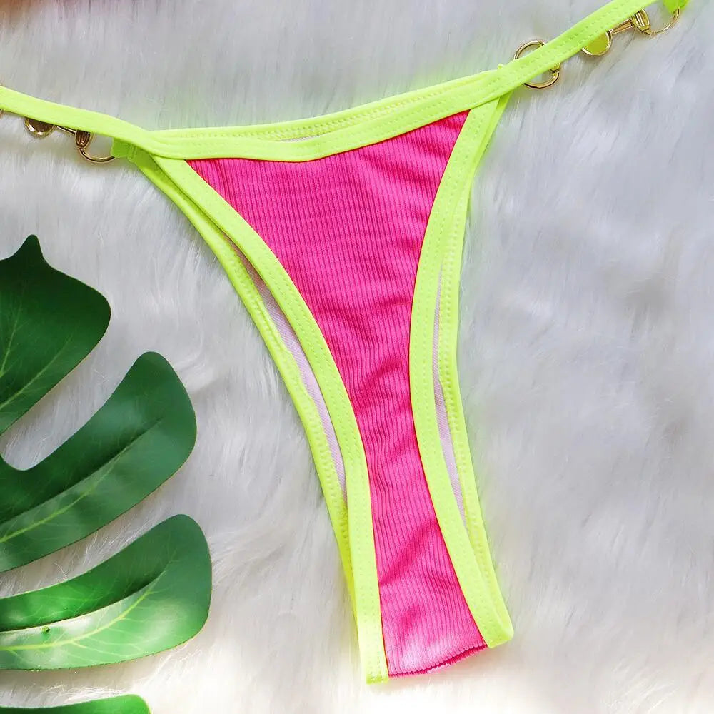 Push Up Micro Bikini Luxury Ribbed Orange Patchwork Ring Pearl Designer Swimsuit Bathing Suit Triangle Swimwear Traje De Baño