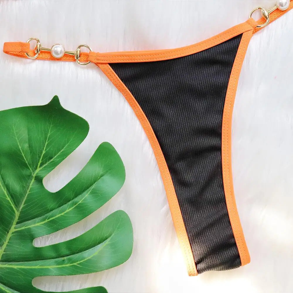 Push Up Micro Bikini Luxury Ribbed Orange Patchwork Ring Pearl Designer Swimsuit Bathing Suit Triangle Swimwear Traje De Baño