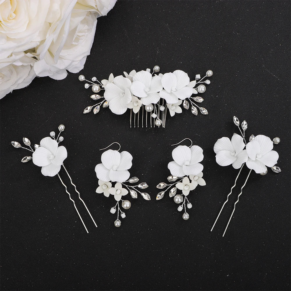 Silver Flower Bridal Headpiece Suit Pearl Hair Comb for Women Rhinestone Wedding Hairpins Party  Earring Hair Accessories Tiara