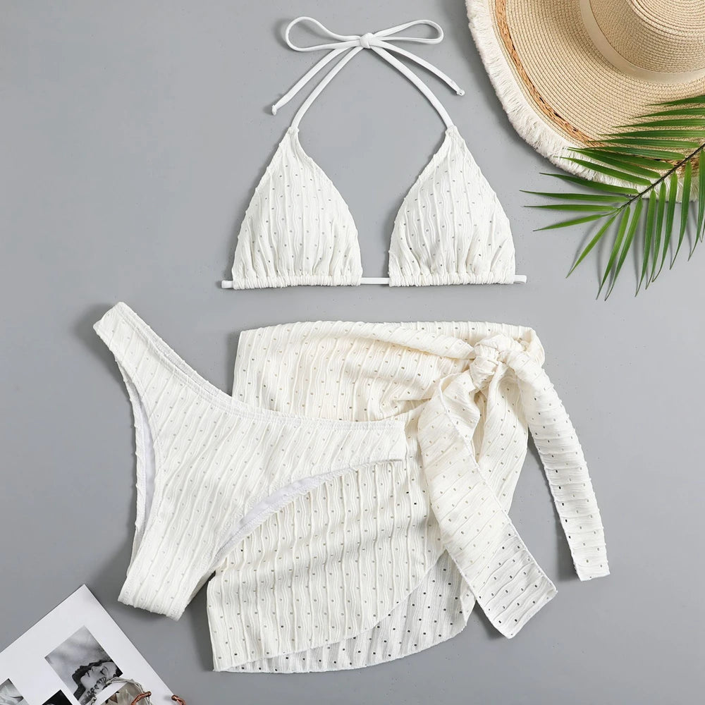2025 Summer Halter Bikini 3 Pieces Women Special Material Sexy Thong Swimwear With Sarong Skirt White/Black/Pink/Green Beachwear