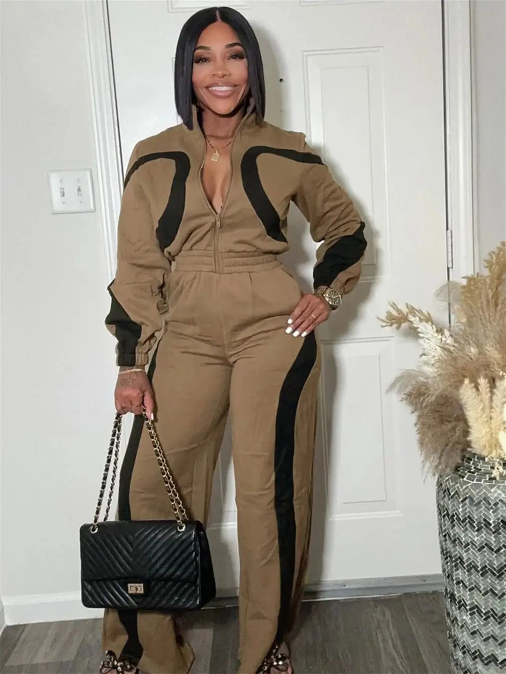 Weird Puss Sporty Patchwork Jumpsuit Women Casual Lapel Spring Ternd Full Sleeve Zip Stretch Hipster Streetwear Straight Overall