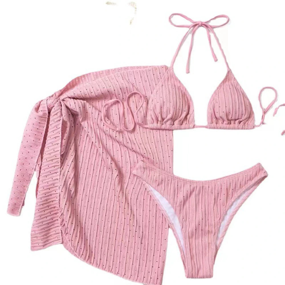 2025 Summer Halter Bikini 3 Pieces Women Special Material Sexy Thong Swimwear With Sarong Skirt White/Black/Pink/Green Beachwear
