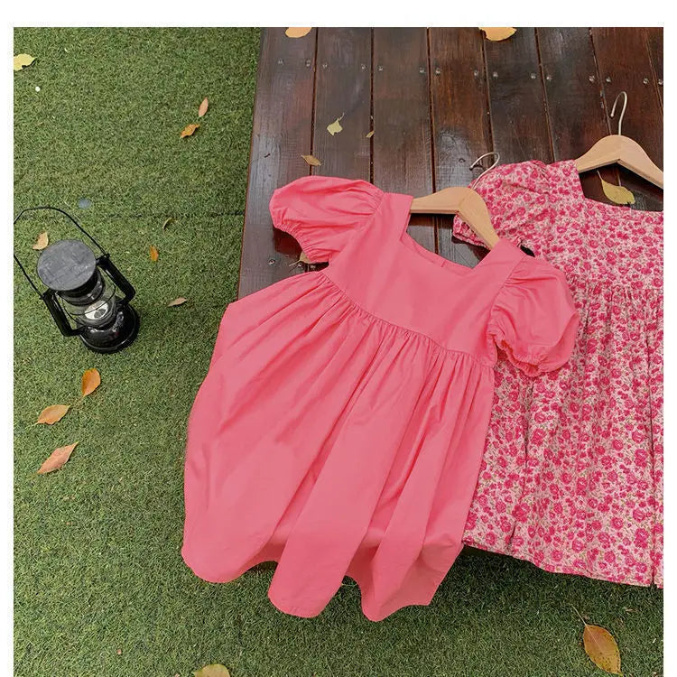 Summer Baby Girls Cotton All-Over Printed Puff Sleeves Button Back Long Dresses Kids Outfit Children Sweet Vacation Skirt 2-8 Yr