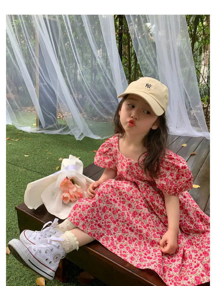 Summer Baby Girls Cotton All-Over Printed Puff Sleeves Button Back Long Dresses Kids Outfit Children Sweet Vacation Skirt 2-8 Yr