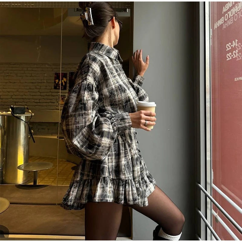 Casual Retro Plaid Women's Dresses Puff Sleeve Turndown Collar Ruffly Short Dresses Women New Fashion Vintage Loose Dress