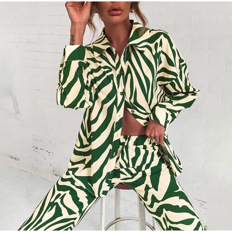 2026 Cross border Hot Edition Street Trendy Print Trouser Set Long Sleeve Full Screen Print Off Shoulder Shirt Set
