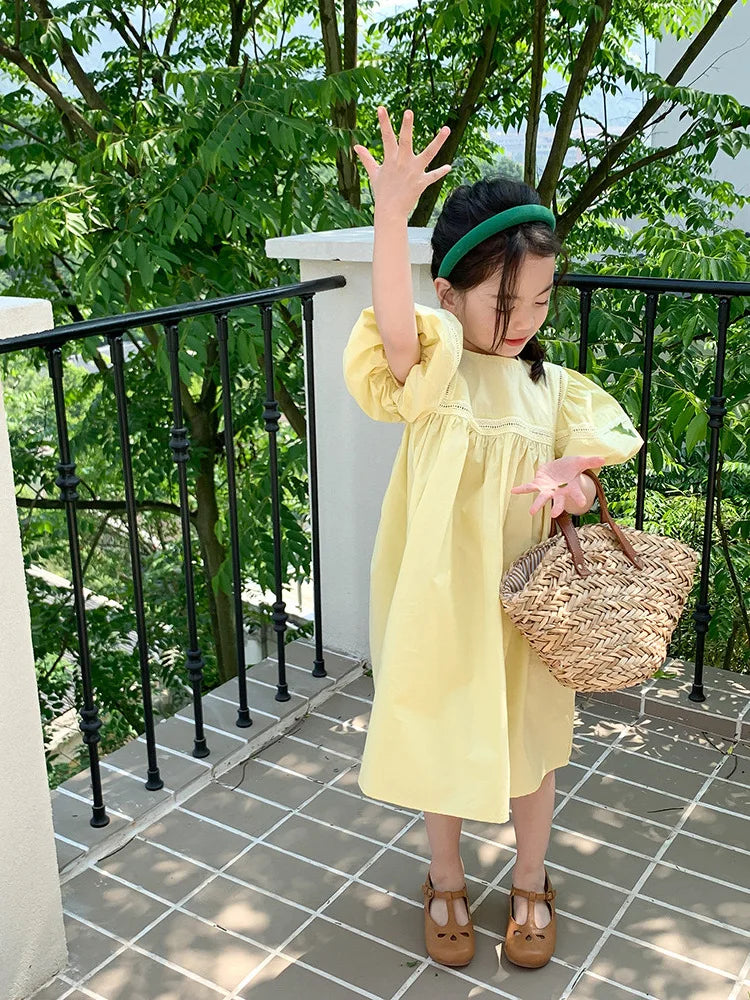 Girls Dress Holiday Style Sweet Bubble Sleeve 2-8Years Old Yellow Pink Knee-length Children's Clothing Princess Dresses