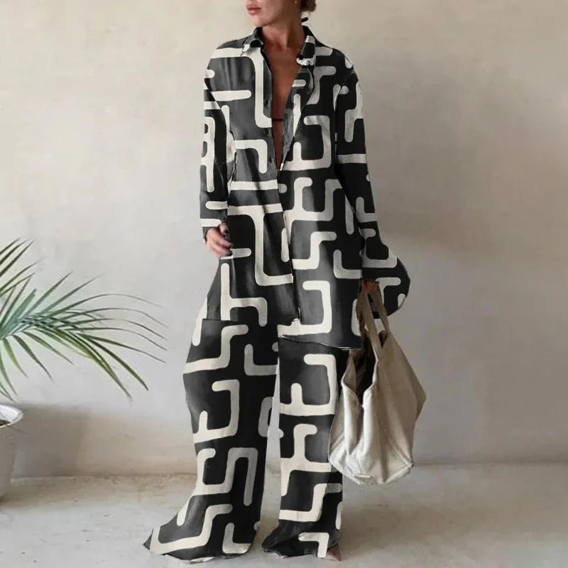 Women's Fashion Printed Long Sleeve Shirt And Straight Leg Pants Set European American Style Loose Fit Clothing Outfit