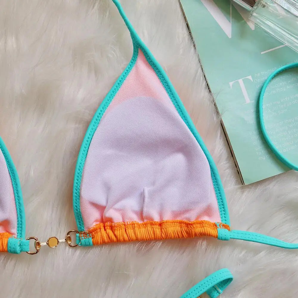 Push Up Micro Bikini Luxury Ribbed Orange Patchwork Ring Pearl Designer Swimsuit Bathing Suit Triangle Swimwear Traje De Baño
