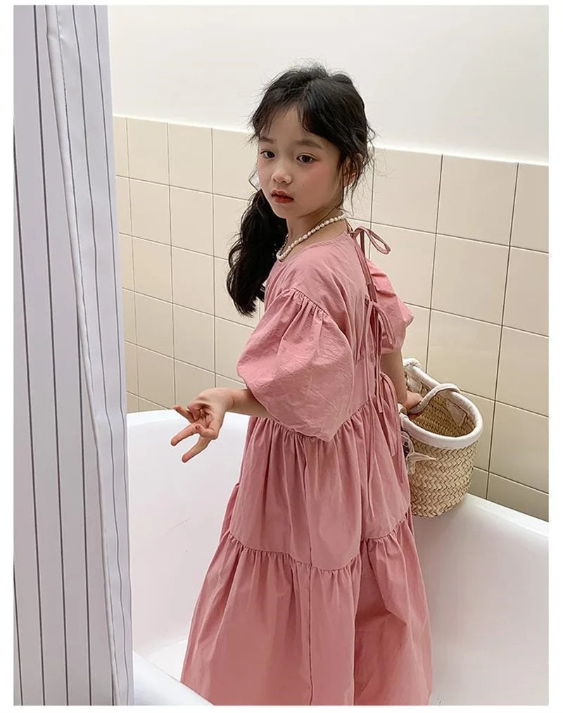 Girl Puff Sleeve Dresses 2024 Princess Cute Puffy Skirt Children Summer Birthday Gown Kids Casual Clothes Teens Fashion Vestidos