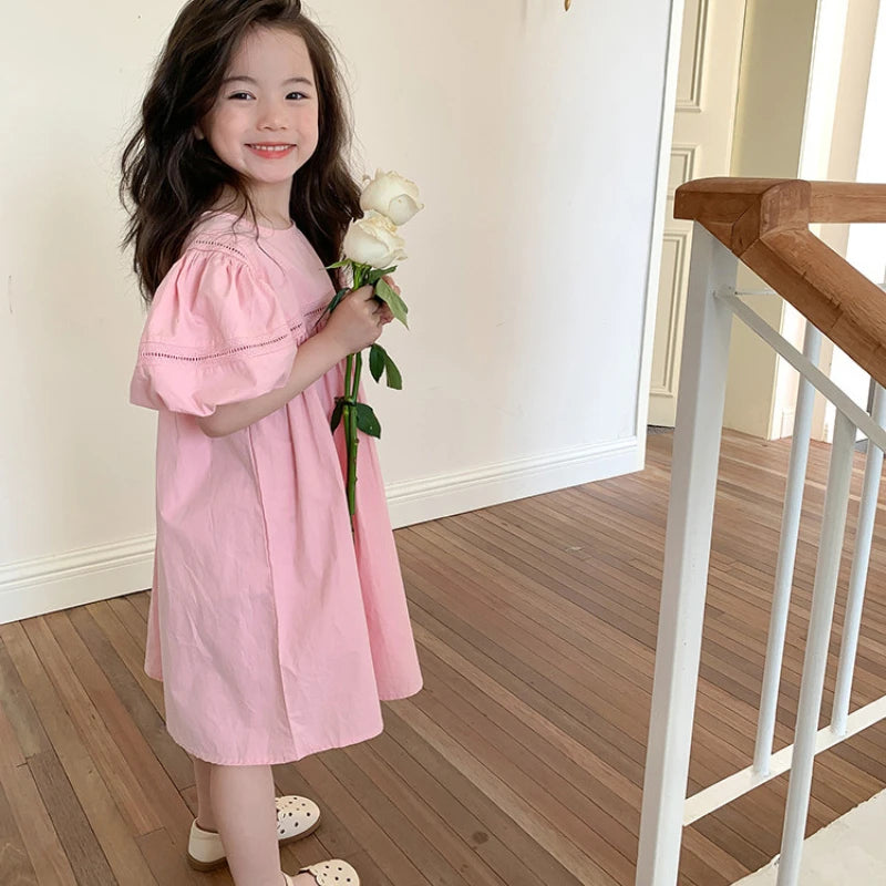 Girls Dress Holiday Style Sweet Bubble Sleeve 2-8Years Old Yellow Pink Knee-length Children's Clothing Princess Dresses