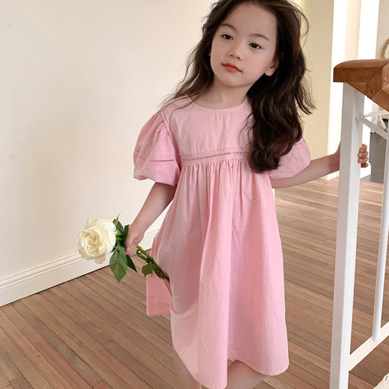 Girls Dress Holiday Style Sweet Bubble Sleeve 2-8Years Old Yellow Pink Knee-length Children's Clothing Princess Dresses
