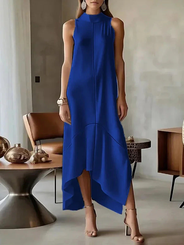 UOOZEE 2025 New Urban Female Office Formal High Neck Maxi Dresses Sleeveless Asymmetrical Elegant Party Prom A-line Dress