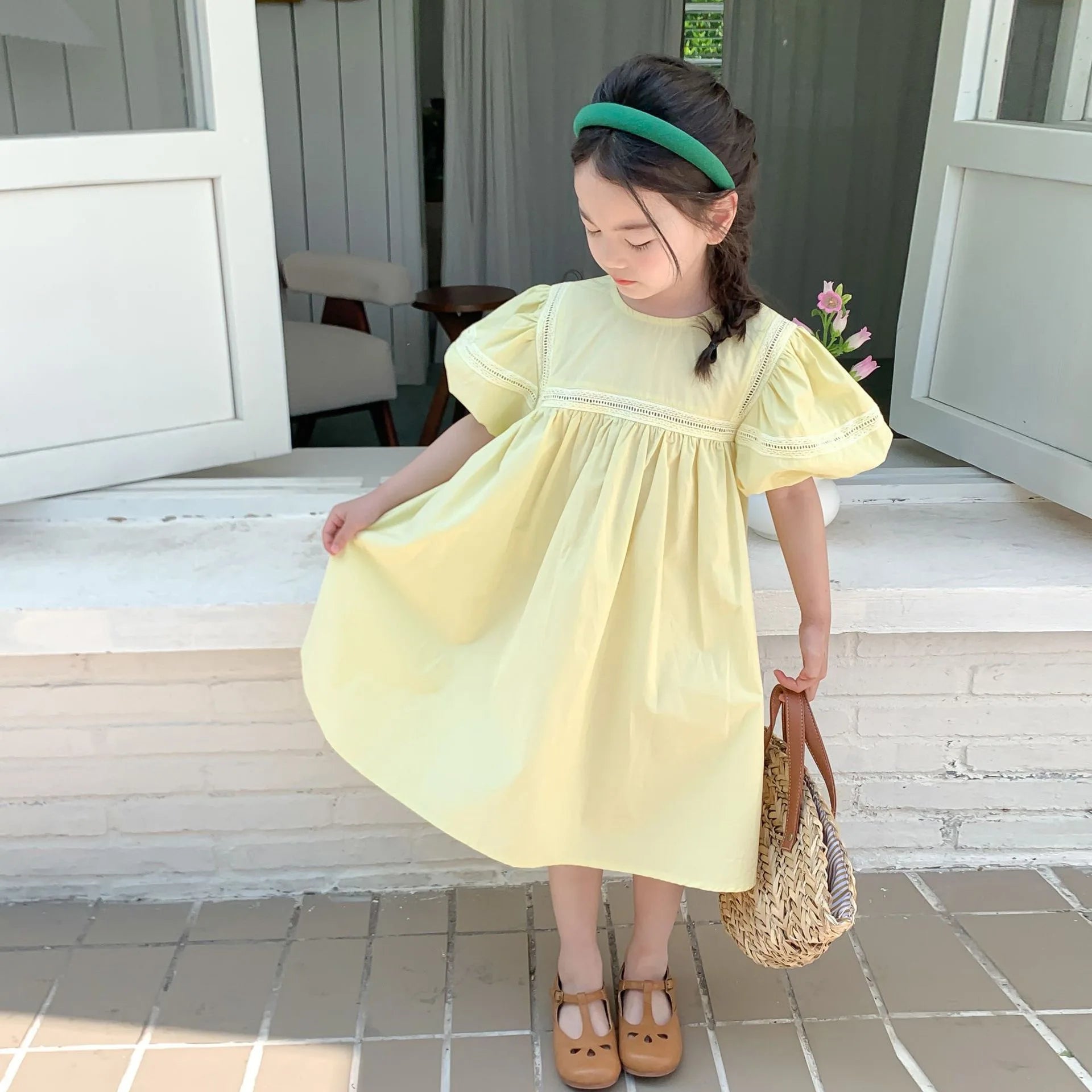 Girls Dress Holiday Style Sweet Bubble Sleeve 2-8Years Old Yellow Pink Knee-length Children's Clothing Princess Dresses