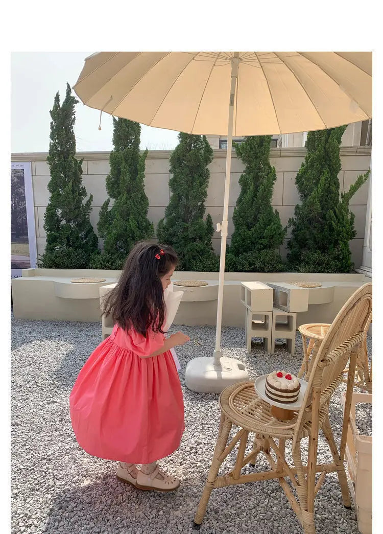 Summer Baby Girls Cotton All-Over Printed Puff Sleeves Button Back Long Dresses Kids Outfit Children Sweet Vacation Skirt 2-8 Yr