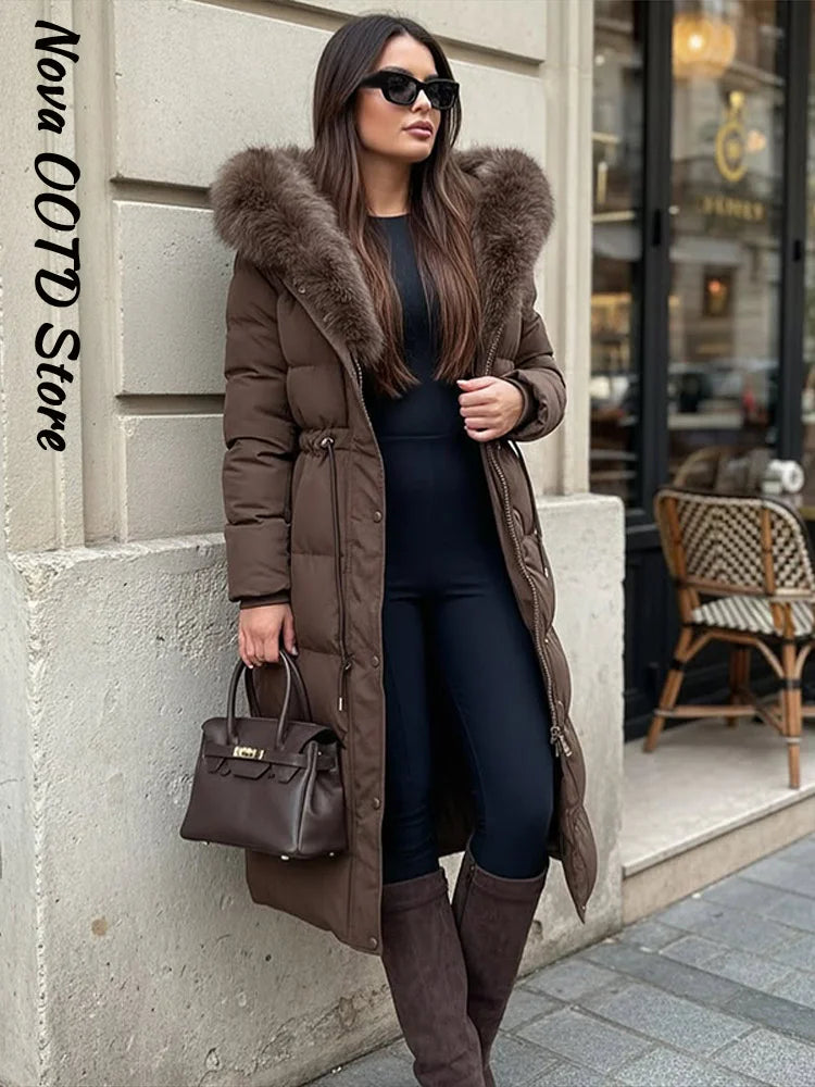 Elegant Fur Collar Hood Belt Long Cotton Jacket Women Zipper Drawstring Waist Parka Down Coat 2025 Winter Lady Warm Chic Outwear