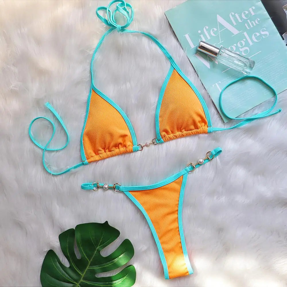 Push Up Micro Bikini Luxury Ribbed Orange Patchwork Ring Pearl Designer Swimsuit Bathing Suit Triangle Swimwear Traje De Baño