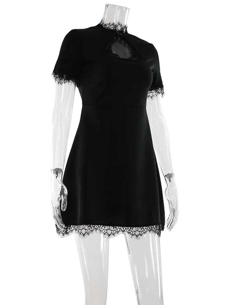 Lace Patchwork Hollow Out Bodycon Sheath High Collar Women Dresses Half Sleeves Outfits Sexy Club Fashion Female Mini Vestidos