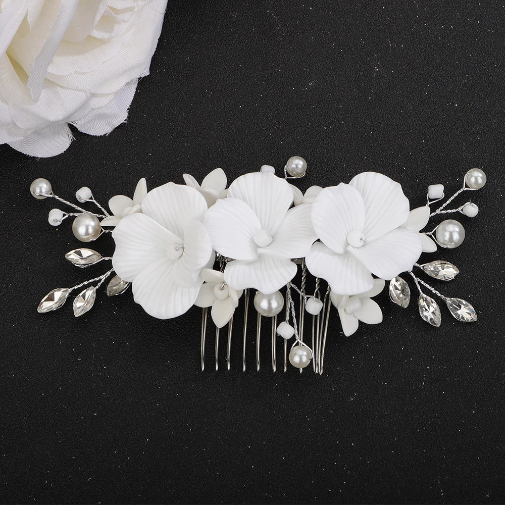 Silver Flower Bridal Headpiece Suit Pearl Hair Comb for Women Rhinestone Wedding Hairpins Party  Earring Hair Accessories Tiara