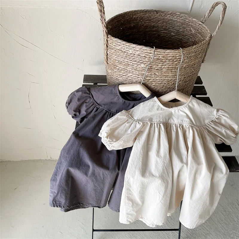 Summer Girls Puff Sleeve Dress - Soft Cotton Round Neck Cottagecore Minimalist Spring Summer Dress Kids Dresses for Girls
