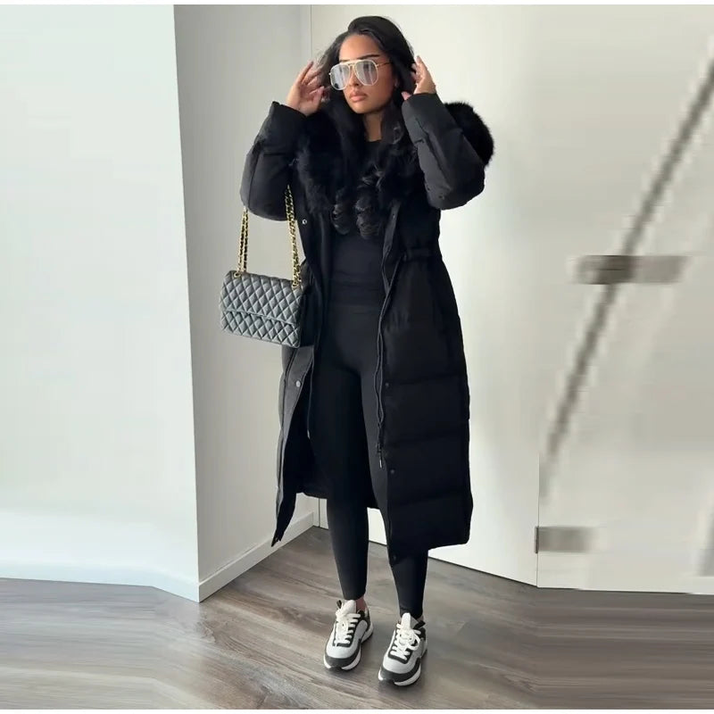 Elegant Fur Collar Hood Belt Long Cotton Jacket Women Zipper Drawstring Waist Parka Down Coat 2025 Winter Lady Warm Chic Outwear