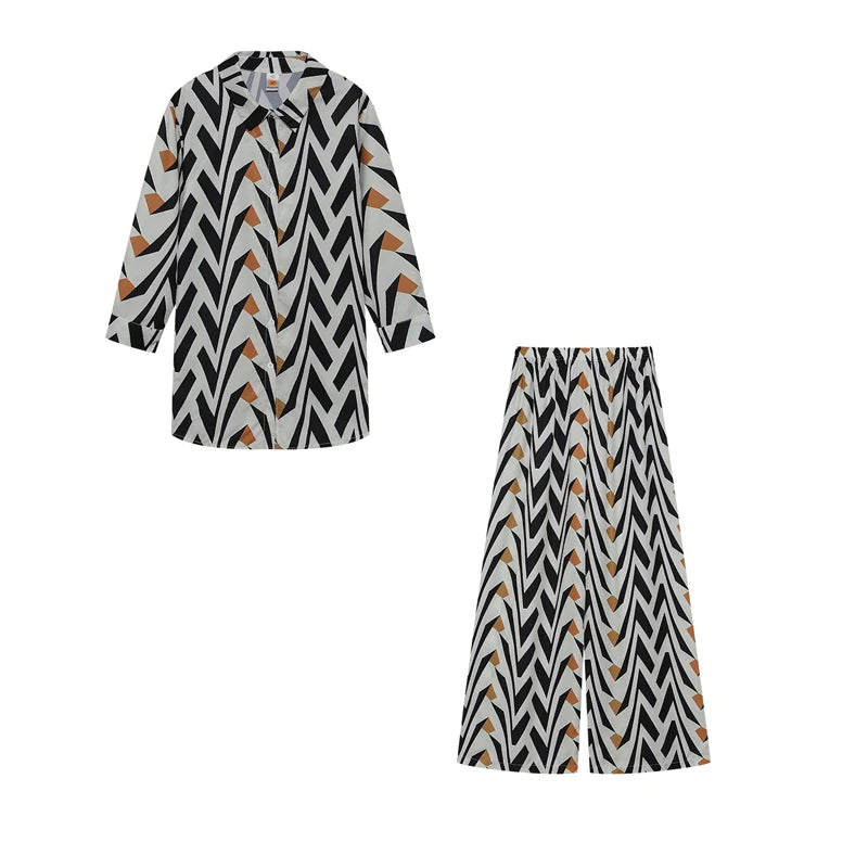 Women's Fashion Printed Long Sleeve Shirt And Straight Leg Pants Set European American Style Loose Fit Clothing Outfit