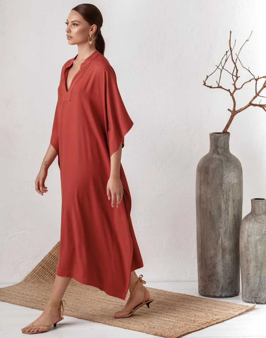 Swimsuit Cover Up Women Kaftan Beach Tunic Solid V Neck Elegant Summer Long Dress Loose Beachwear Bathing Suit Swimwear