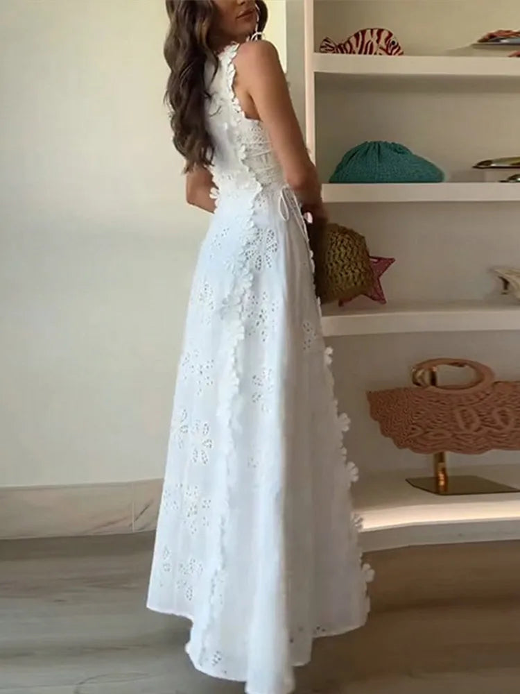 Embroidery Flower Patchwork Long Dress For Women Round Neck Sleeveless Lace Up High Waist Spliced Slim Dresses 2026 Summer New