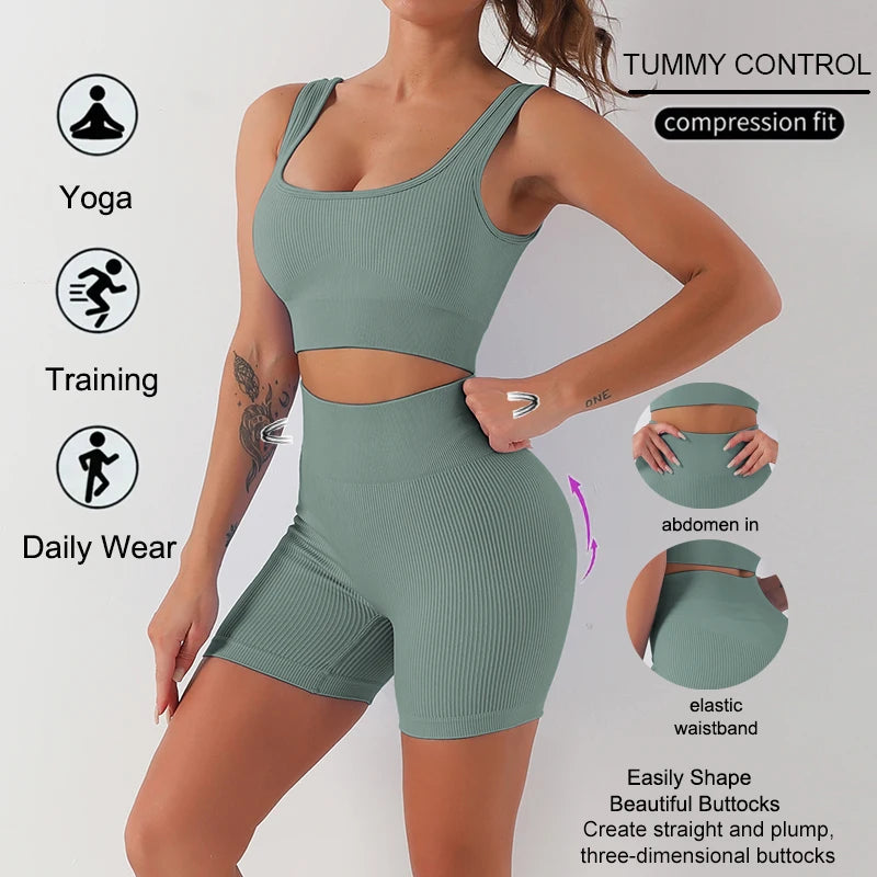 WAREBALL Fashion Sport Wear Gameset Yoga Seamless High Stretch Sports Bra With Biker Shorts Set Casual Workout Women Set