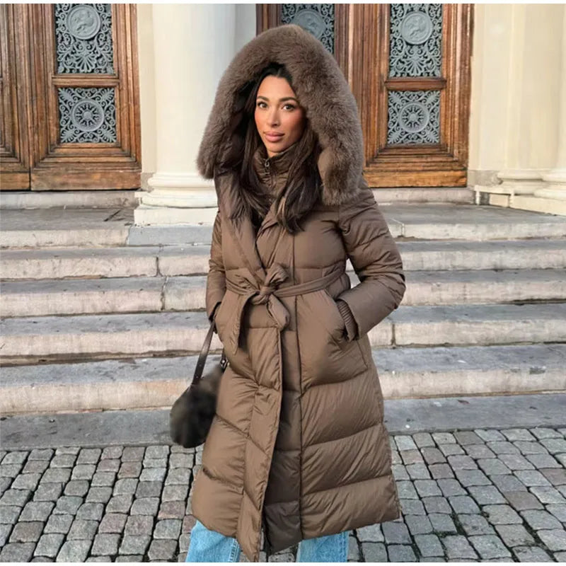 Elegant Fur Collar Hood Belt Long Cotton Jacket Women Zipper Drawstring Waist Parka Down Coat 2025 Winter Lady Warm Chic Outwear